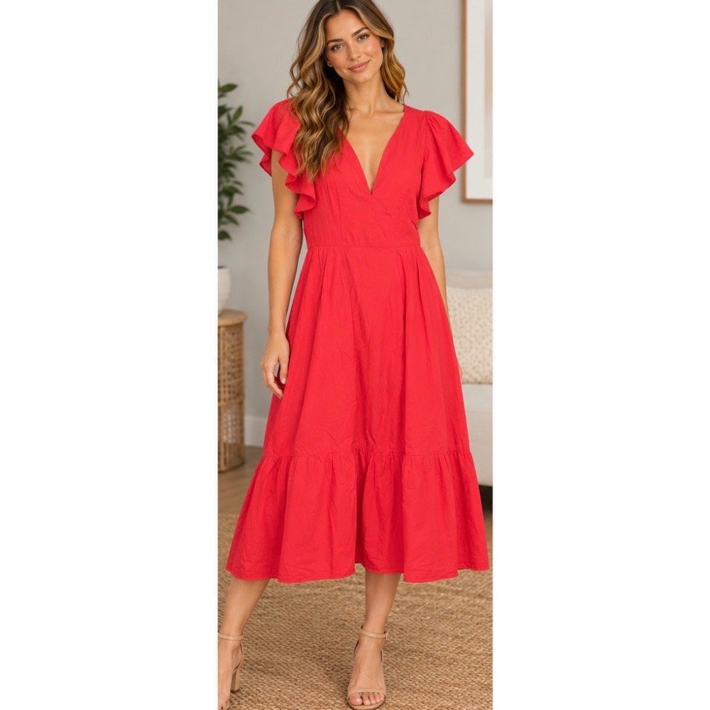 Marissa Webb Collective Red Flutter Sleeve V-Neck Tiered Midi Dress 10_260